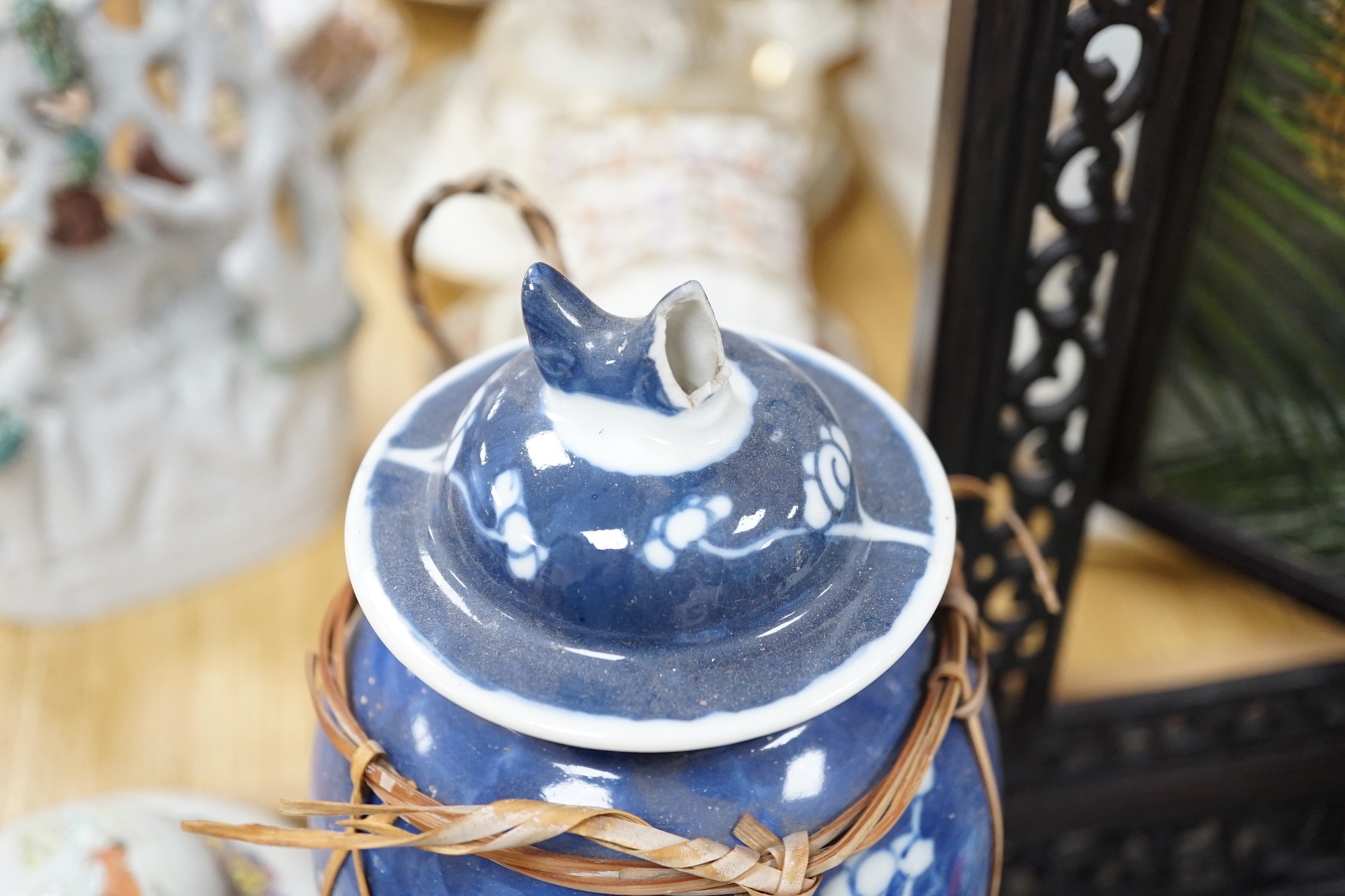 A collection of 19th and 20th century Chinese jars and covers and a blue and white vase and cover, vase 32cms high